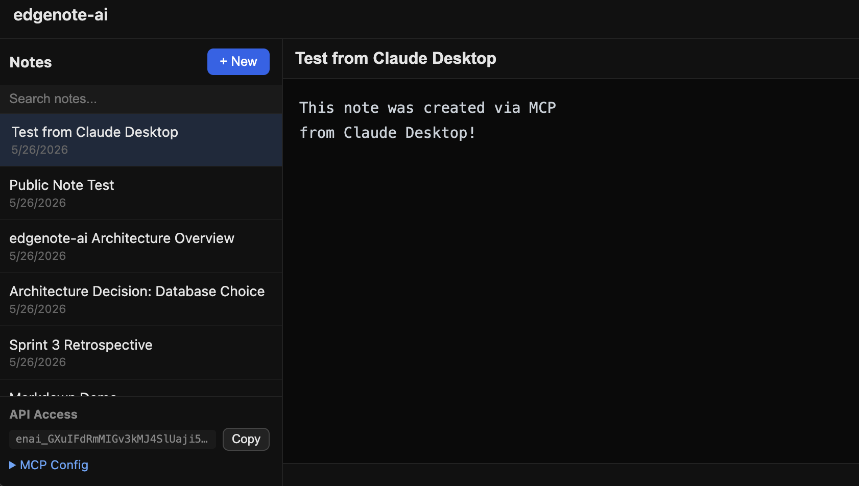 Web UI shows MCP-created note